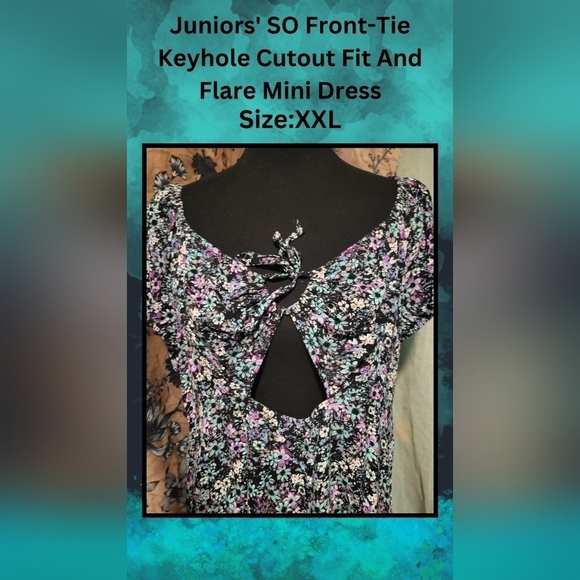 Juniors' SO Front-Tie Keyhole Cutout Fit & Flare Floral Mini Dress - Size XXL - Picture 4 of 11